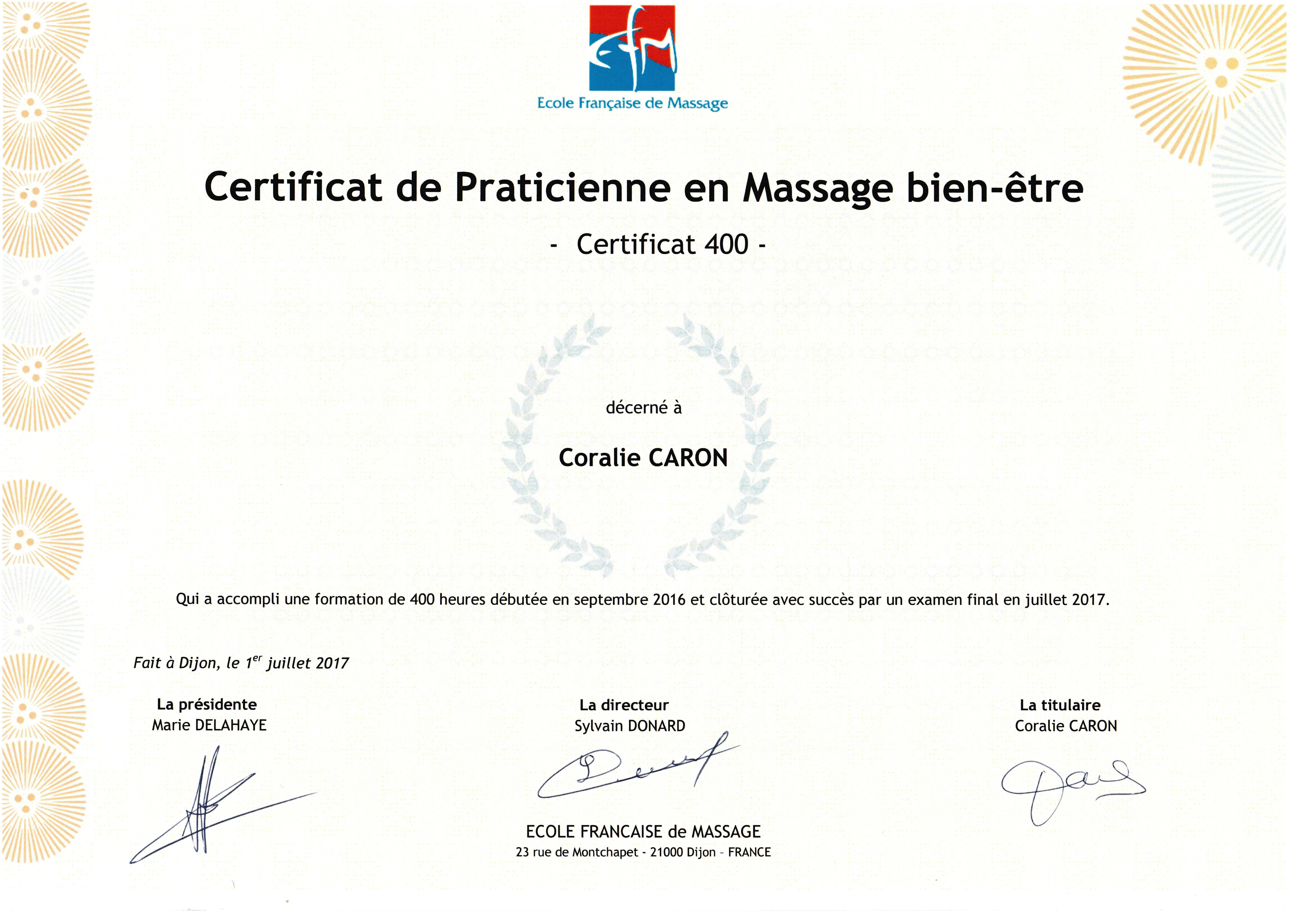 Certificat de Praticienne en Massage bien-être